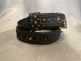 Circle Stud, Black Leather. Gold Hardware