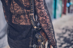 Black Lace shirt with ethno patterns and brass buttons and studs