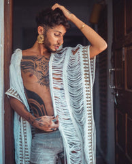 Ethnic Tribal White Embroidered Kimono