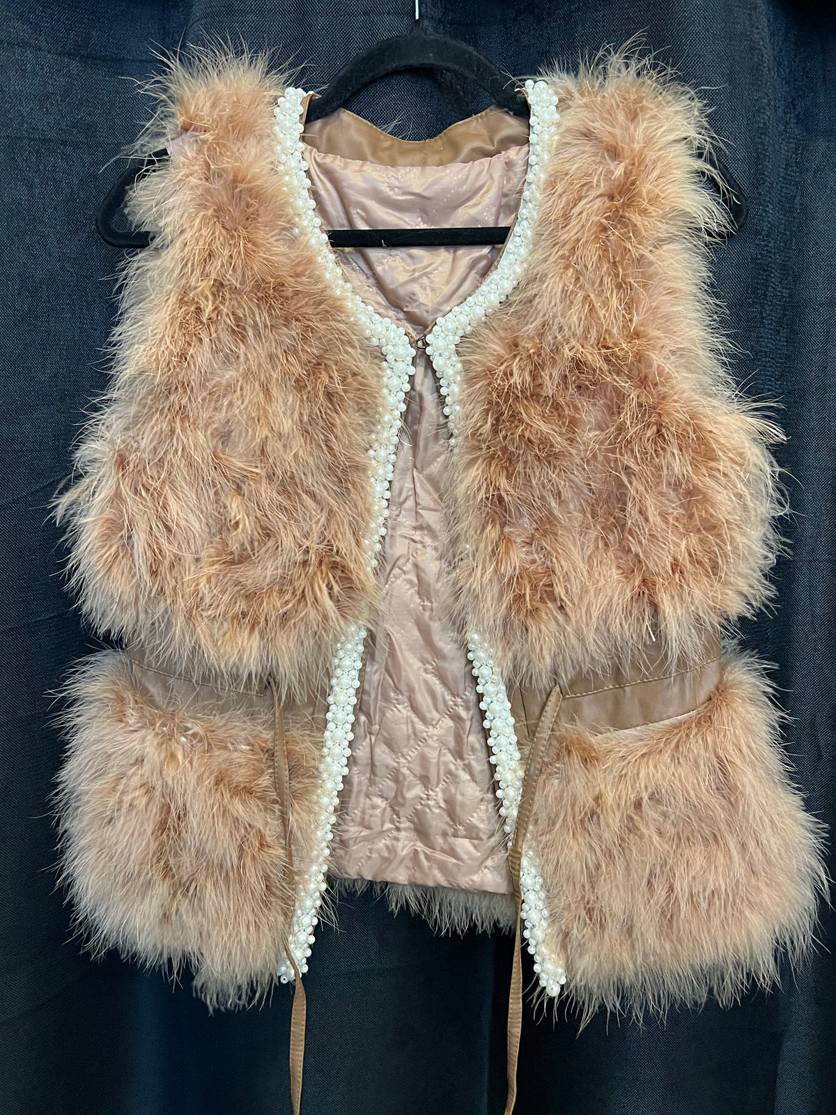 Light Brown Faux Fur Vest with Pearls