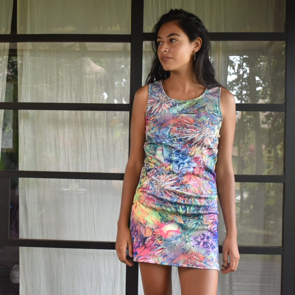psychedelic bodycon dress Blue 1970s Psychedelic Print Bandeau Bodycon Dress
