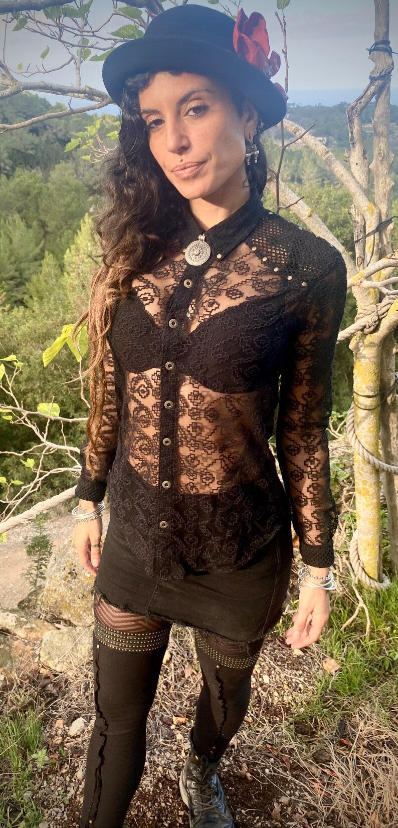 Black Lace shirt with ethno patterns and brass buttons and studs