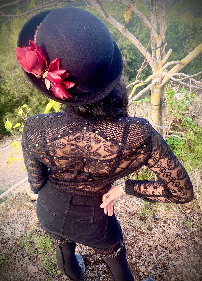 Black Lace shirt with ethno patterns and brass buttons and studs
