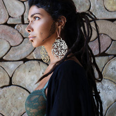 Azadi Earrings Large Brass Gold kufic calligraphy wheel hoops