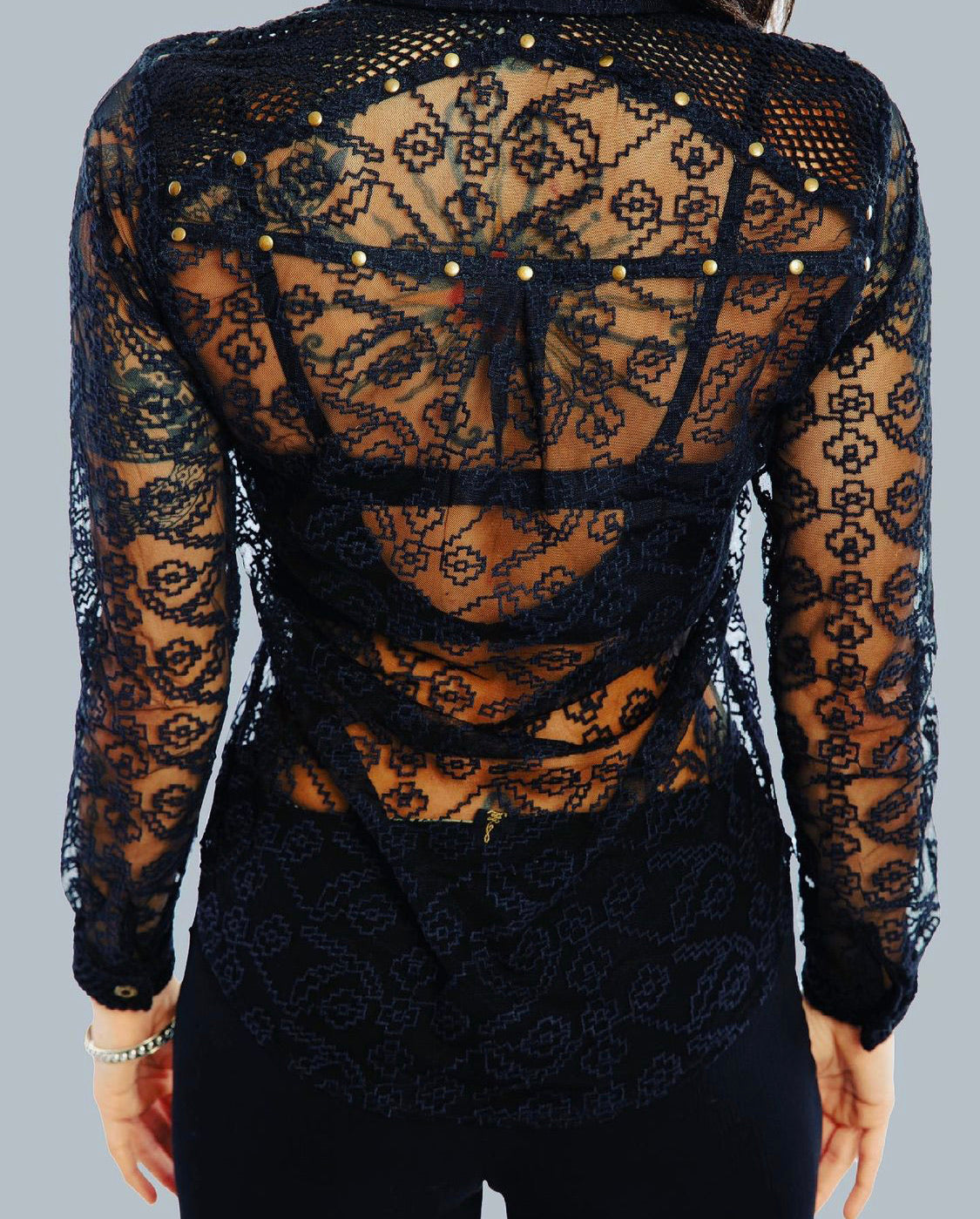 Black Lace shirt with ethno patterns and brass buttons and studs