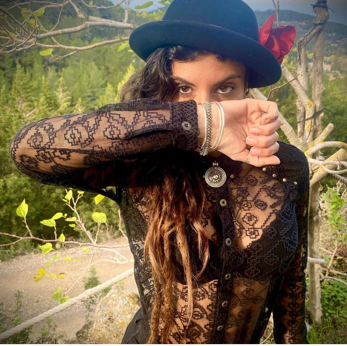 Black Lace shirt with ethno patterns and brass buttons and studs