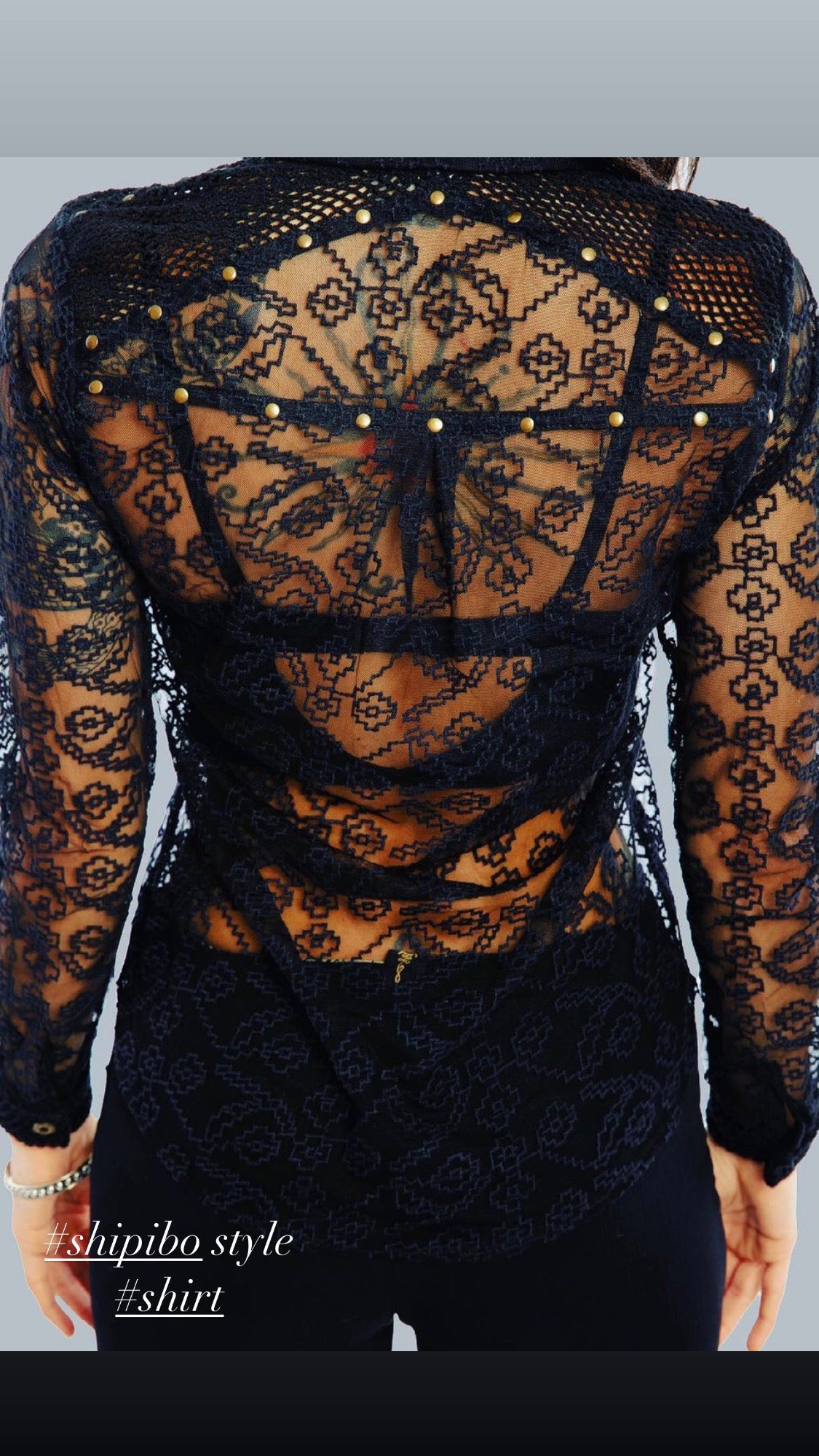 Black Lace shirt with ethno patterns and brass buttons and studs